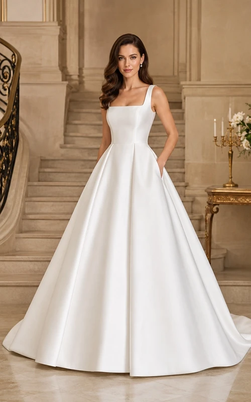 Elegant Square Neck Sleeveless Satin A-Line Cathedral Train Bridal Gown