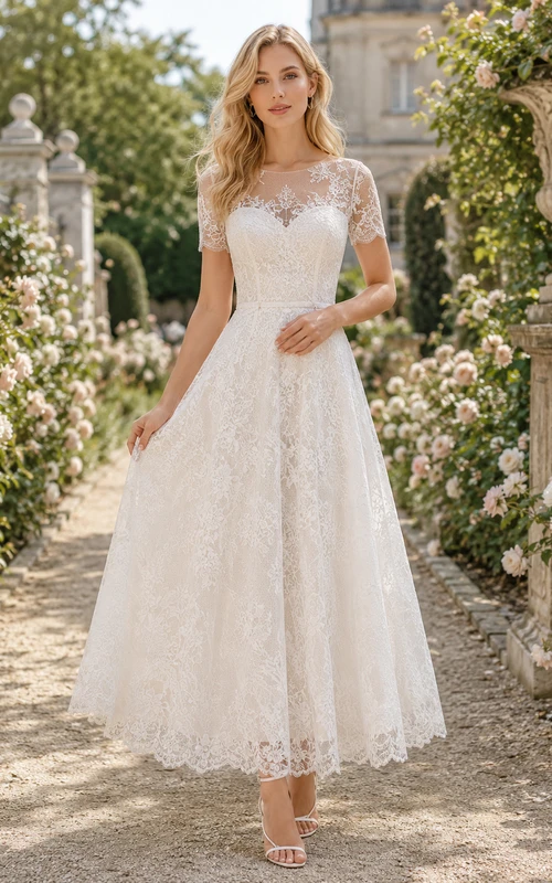 Lace cap sleeve A-line tea length bridal garden dress