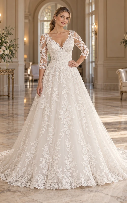 Romantic V-neck Three-Quarter Sleeve Floral Lace Ball Gown Wedding Dress