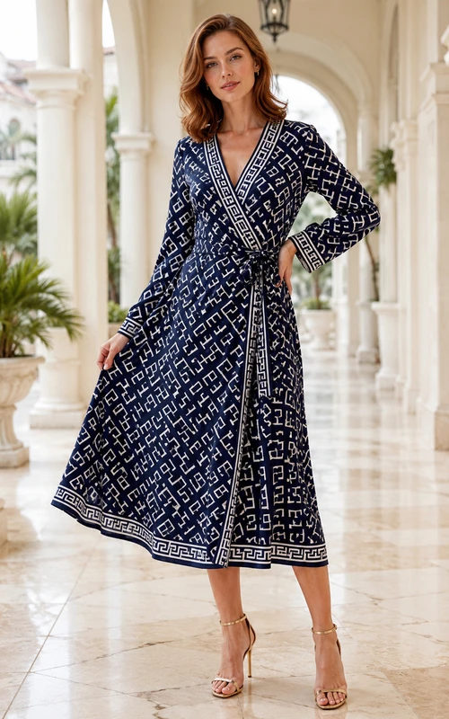 Vestido midi cruzado de manga larga con estampado de greca griega azul marino, corte A, para invitadas.