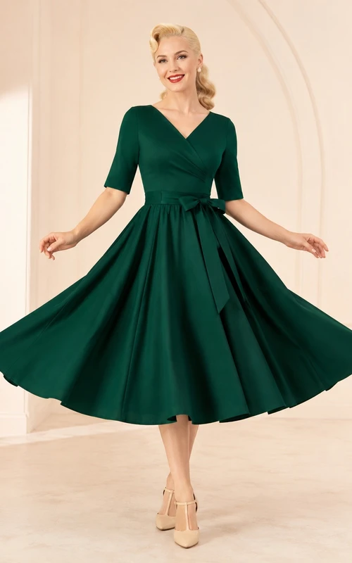 Green Vintage High-Neck Three-Quarter-Sleeve A-Line Tea-Length Dress
