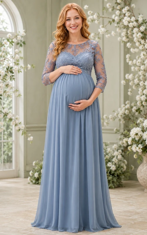 Steel Blue Romantic Scoop Chiffon-Lace Long-Sleeve A-Line Floor-Length Dress