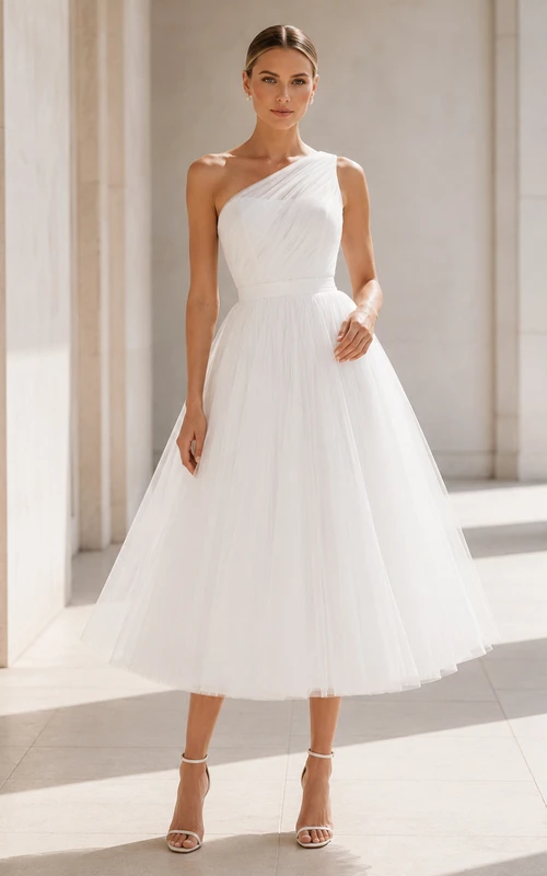 Robe de mariée moderne en tulle, coupe trapèze, longueur thé, sans manches, à une épaule, avec vœux en diagonale