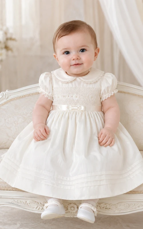 Rounded Collar Baptism Dress A-Line Cotton Lace Short Sleeve Knee-Length