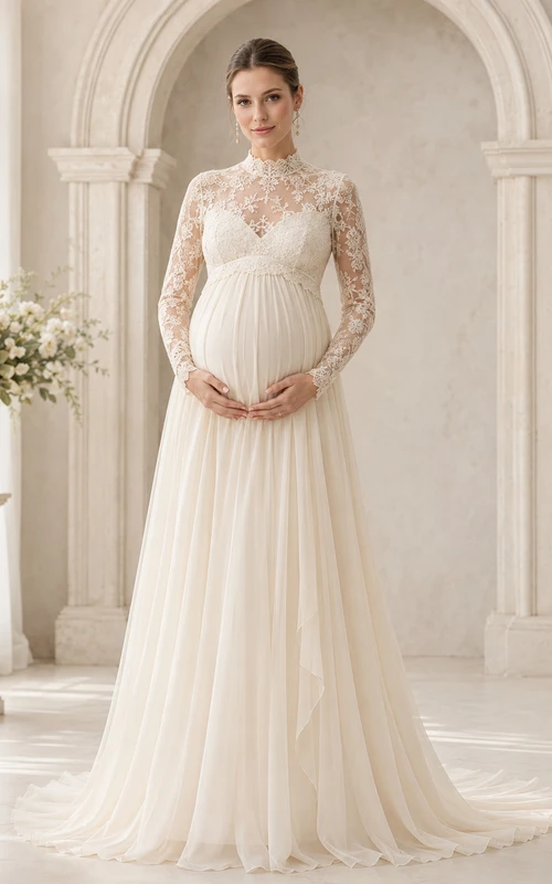 Maternity Wedding Dress High Neck Long Sleeve Lace Bodice Bridal Gown with Tulle Skirt