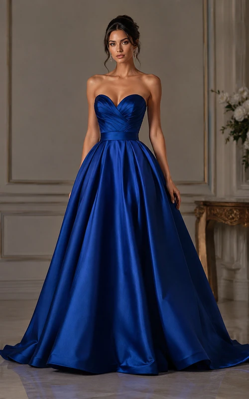 Robe de bal en satin, sans bretelles, sans manches et plissée, longueur au sol