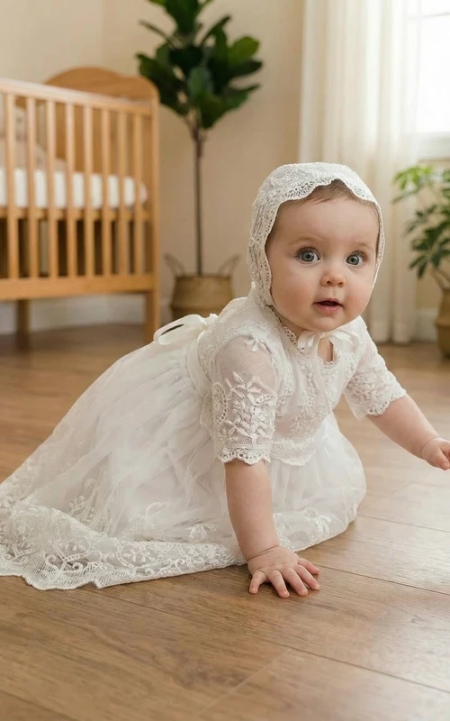White Baby Christening Flower Girl Dress Lace Sleeve Gown with Bonnet