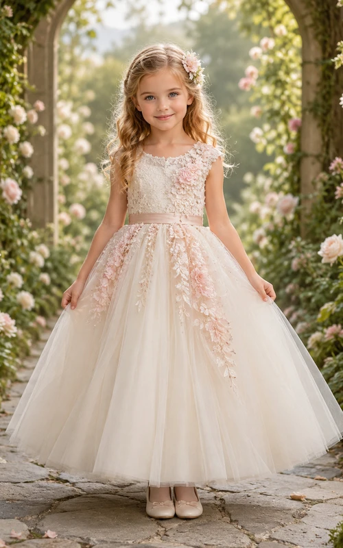 Vestido de niña de flores romántico color marfil, corte en A, tul, manga corta, escote redondo, largo midi, apliques florales.