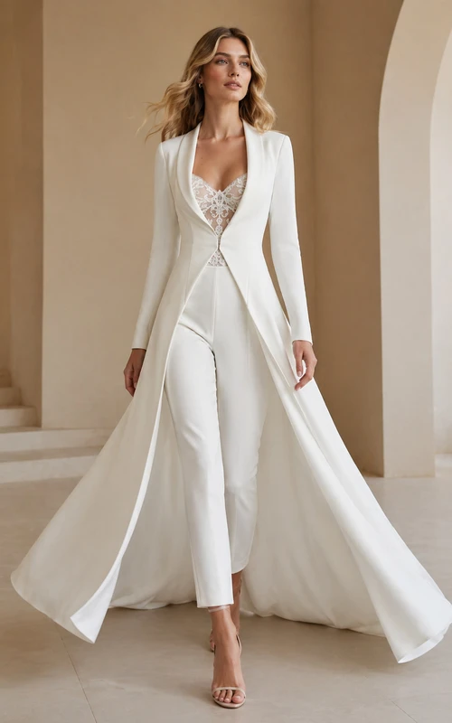 Combinaison de mariage à jambes larges et col tailleur avec manteau