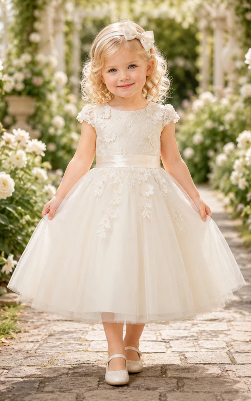 Vestido de niña de flores color marfil, romántico, largo hasta la rodilla, tul, corte en A, corpiño de encaje, mangas cortas, lazo con botones de perlas.
