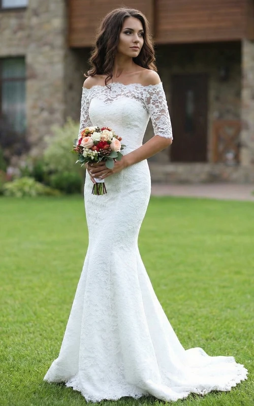 Robe sirène en satin à corsage en dentelle et épaules dénudées