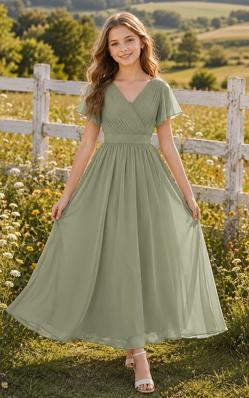 Celadonfarbenes Brautjungfernkleid für junge Mädchen, A-Linie, V-Ausschnitt, kurze Blütenblattärmel, Falten-Details, romantisch