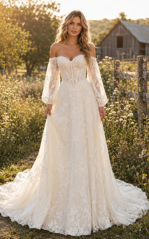 Vestido de novia de tul y encaje campestre, corte en A, hombros descubiertos, manga corta, cola de capilla, espalda baja en V.