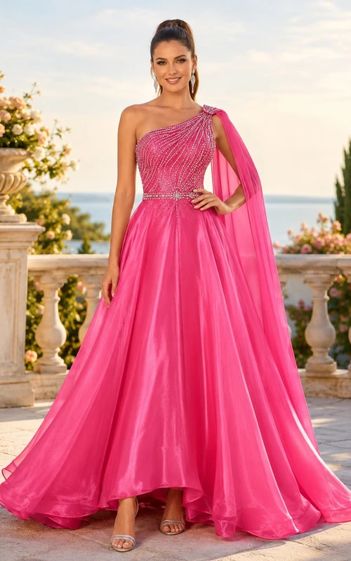 Hot Pink One-Shoulder Beaded Satin A-Line Floor-Length Draped Pageant Gown