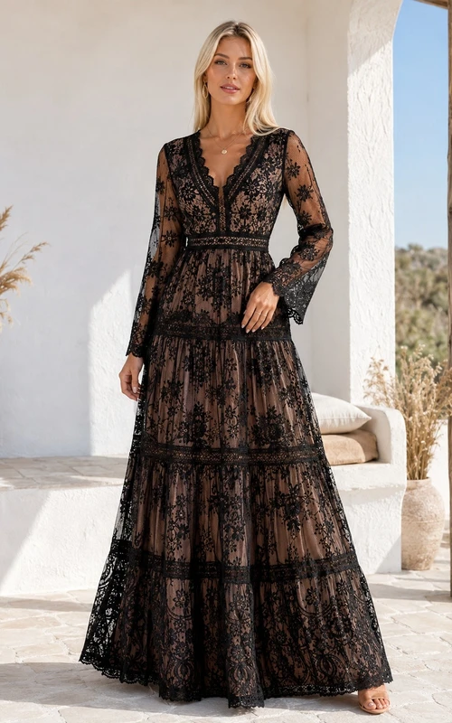 Boho Black V-neck Long Sleeve Tiered Lace Evening Dress