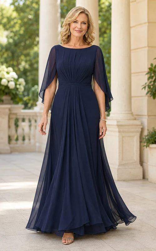 Marineblaues, plissiertes Chiffon-Mutterkleid mit Cape-Ärmeln