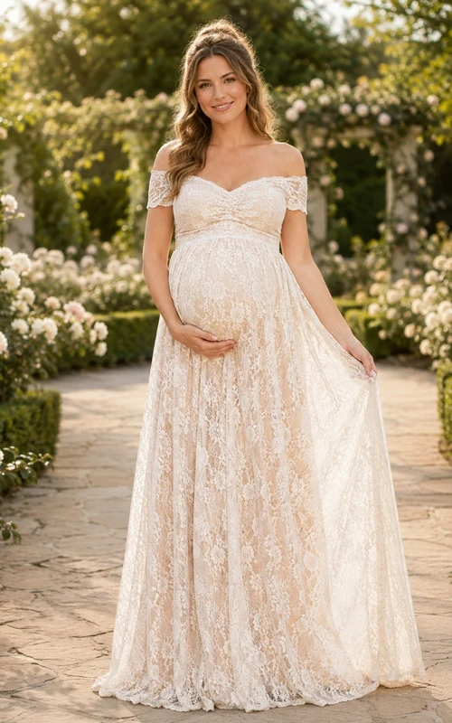 Ivory Lace V-Neck Short Sleeve Empire Maternity Gown