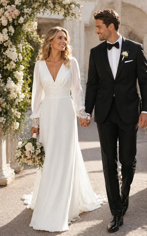 Vestido de novia bohemio y etéreo de gasa con detalles de encaje y mangas obispo.