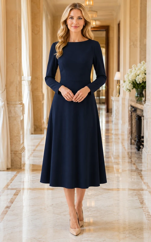 Robe bleu marine à manches longues, coupe bateau et longueur thé.