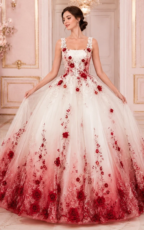 Rotes, ärmelloses Brautkleid aus Tüll mit floralem Ombré-Applikationen und Spaghettiträgern