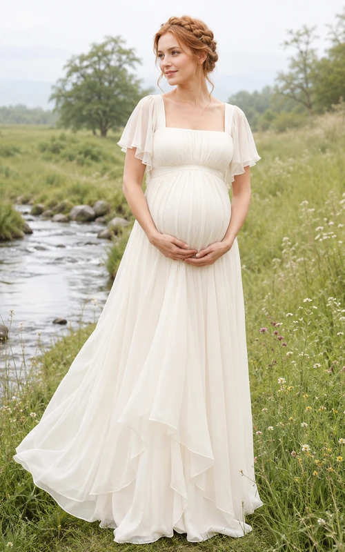 Elfenbeinfarbenes Umstandskleid aus Chiffon mit flatternden Ärmeln im Empire-Stil