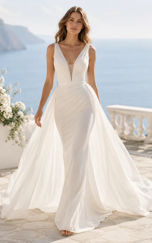Vestido de novia de corte A con escote en V profundo, corpiño de encaje y falda de tul suave.