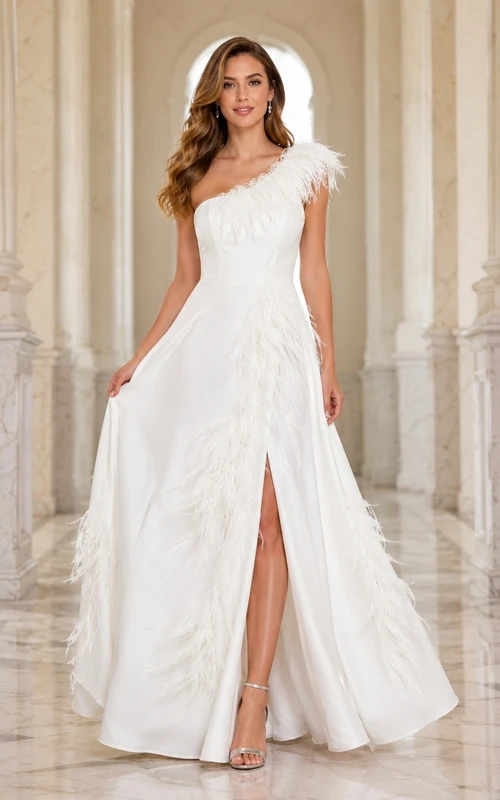 Romantic White Chiffon A-Line Floor-Length One-Shoulder Feathered Evening Dress