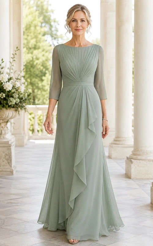 Salbeigrünes Chiffon-Kleid in A-Linie mit Rüschen und Rundhalsausschnitt – perfekt für Mütter.