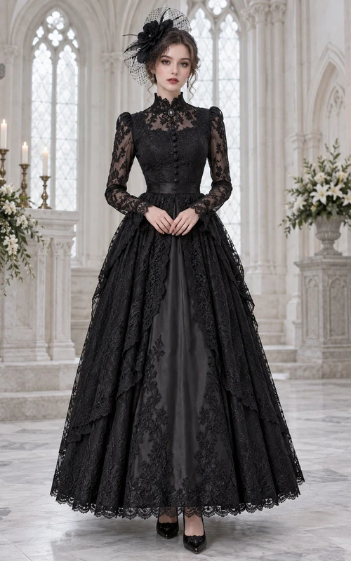 Gothic Black High Neck Long Sleeve Lace Panel Formal Funeral Gown