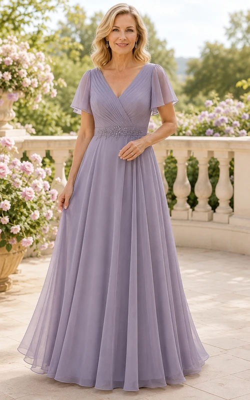Lila Chiffon-Kleid in A-Linie mit V-Ausschnitt und Volantärmeln