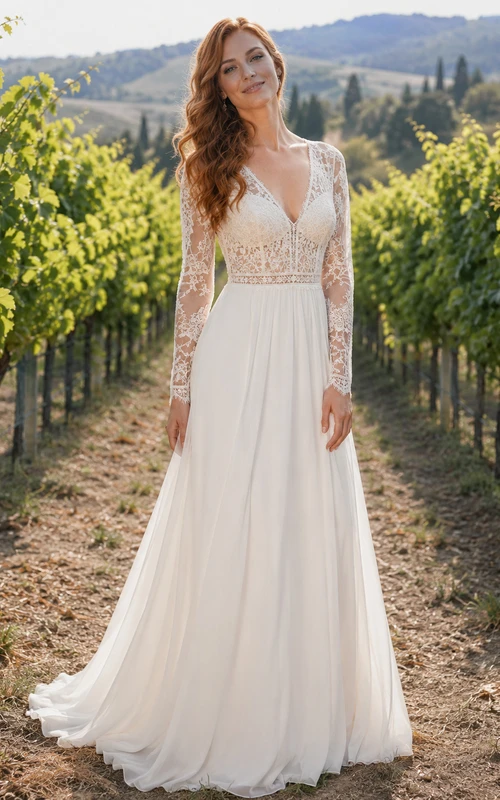 Open Back Long Sleeve Chiffon Vineyard Bridal Gown