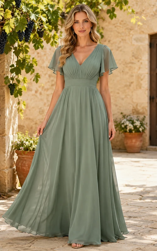Sage Chiffon A-Line V-Neck Flutter Sleeve Pleated Low Back Floor-Length Bridesmaid Dress