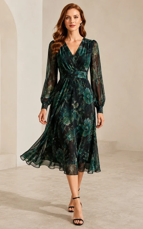 Dark Green Floral Chiffon V-Neck Long-Sleeve A-Line Tea-length Cocktail-Dress