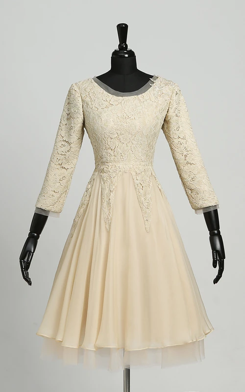 A-Linien-Minikleid aus Chiffon mit 3-4-Ärmeln, Reißverschluss und Spitze, kurz geschnitten, mit Spitze.