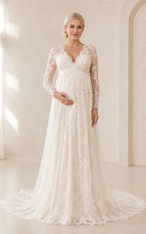 Maternity Wedding Dress V-Neck Long Sleeve Full Lace Bridal Gown with Soft Train