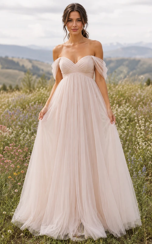 Romantisches schulterfreies Empire-Kleid aus Tüll mit Wildblumenmuster für eine romantische Hochzeit