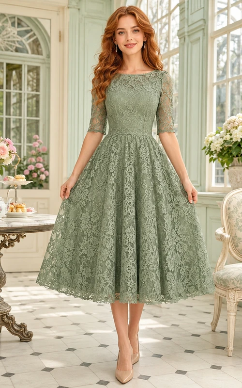 Sage Half Sleeve Bateau Lace Tea Room Midi Dress