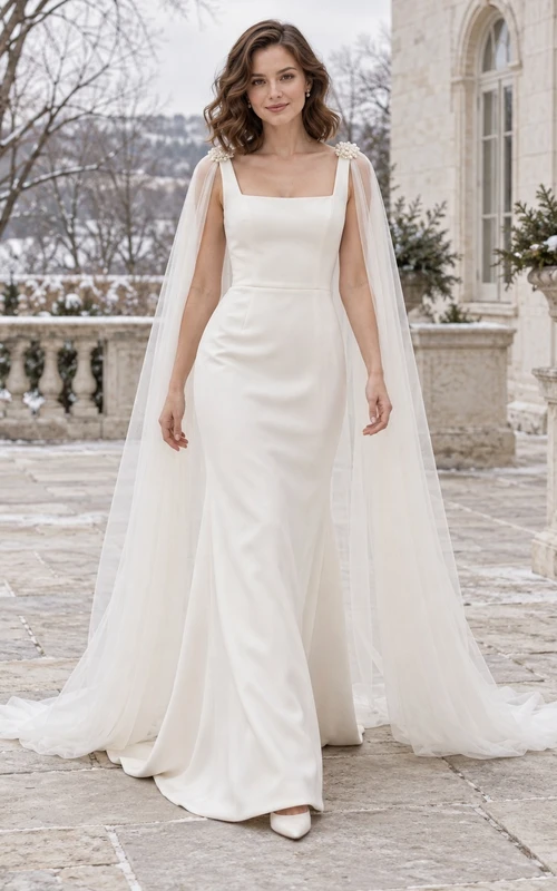 Vestido de novia sencillo de corte recto con capa de tul satinado y escote cuadrado