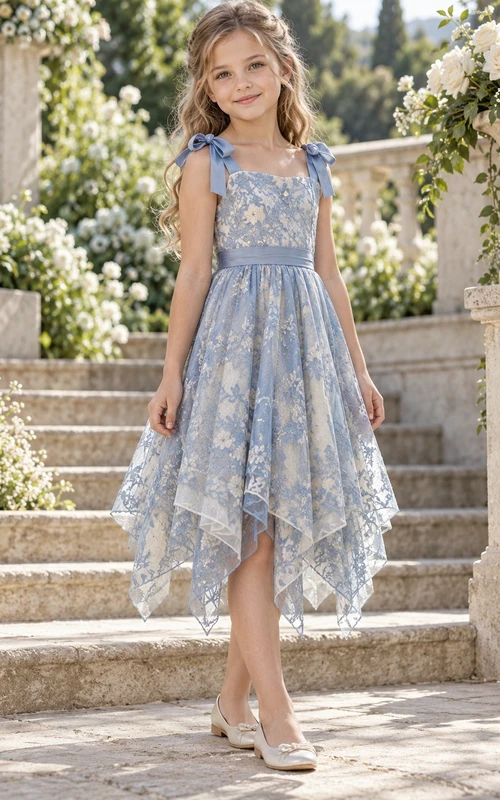Steel Blue Square Neck Bow Strap Floral Flower Girl Dress
