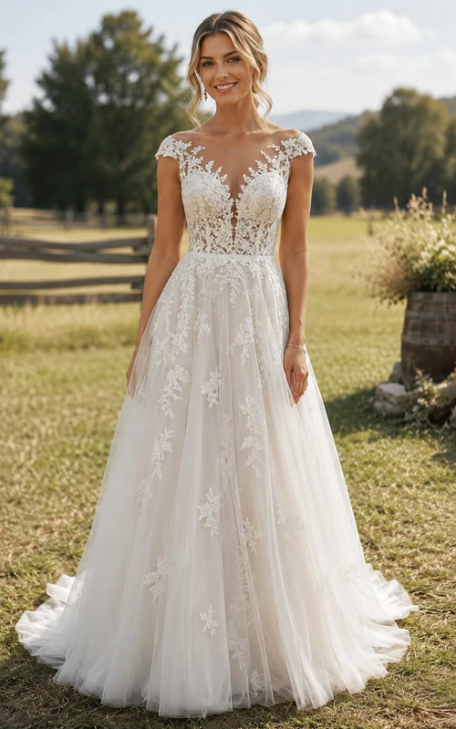 Robe de mariée champêtre en dentelle, coupe trapèze, manches illusion, traîne en tulle.