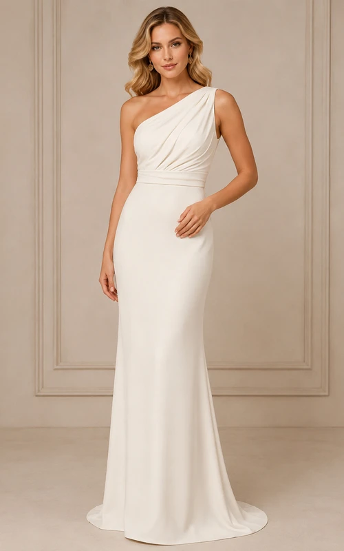 One-Shoulder Simple Sheath Wedding Formal Dress with Ruched Bodice
