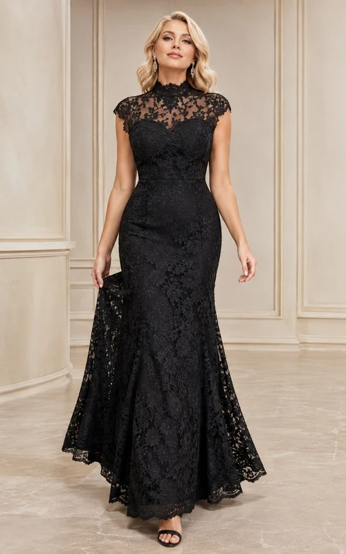 Modest Black High Neck Cap Sleeve Lace Mermaid Floor-Length Mother Gown