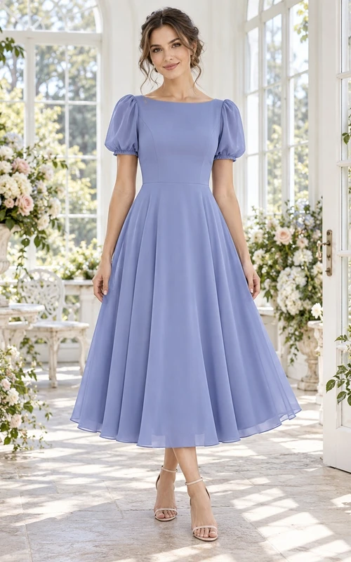 Vestido de dama de honor de gasa color bígaro hasta la rodilla con mangas abullonadas y falda amplia estilo barco.