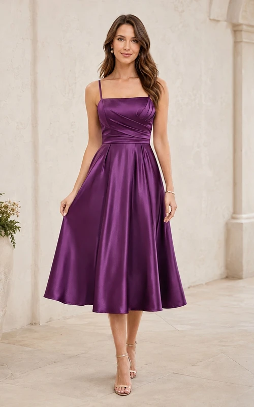 Vestido de cóctel vintage color ciruela con tirantes finos, escote cuadrado, corte en A y largo hasta la rodilla
