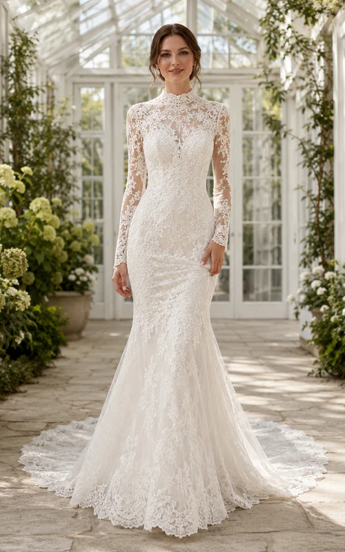 Luxury High Neck Lace Wedding Mermaid Long Illusion Sleeve Chapel Train