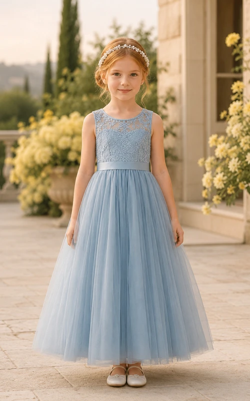 Flower Girl Dress Sky Blue Lace Tulle A-Line Jewel Neck Tea Length