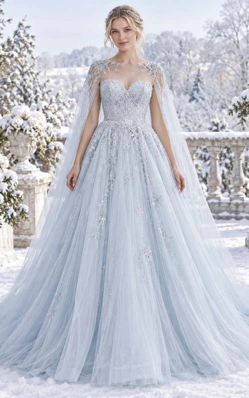 Vestido de novia de corte A con escote corazón floral, corpiño transparente y capa, color azul hielo, ideal para invierno.