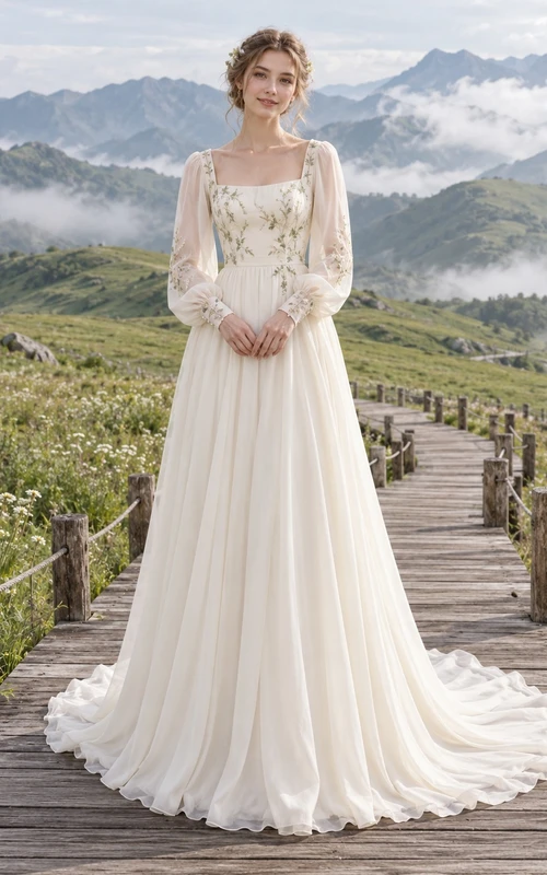 Landhaus-Brautkleid mit eckigem Ausschnitt, langen Ärmeln, floralem Oberteil und A-Linie