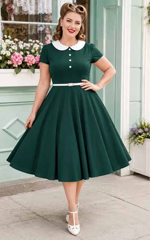 Elegant Forest Green Plus Size Button Front Short Sleeve A Line Tea Length Vintage Dress