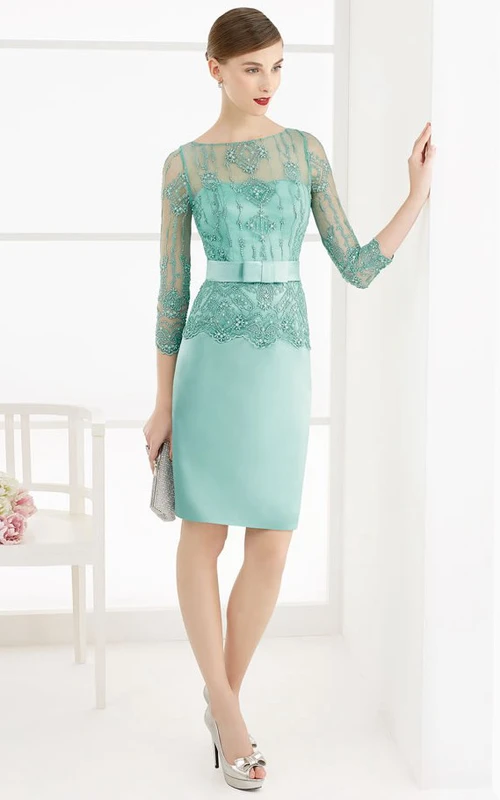 Robe de bal en satin à col rond, ornée de perles, longueur genou, manches 3 ou 4, coupe crayon et col rond